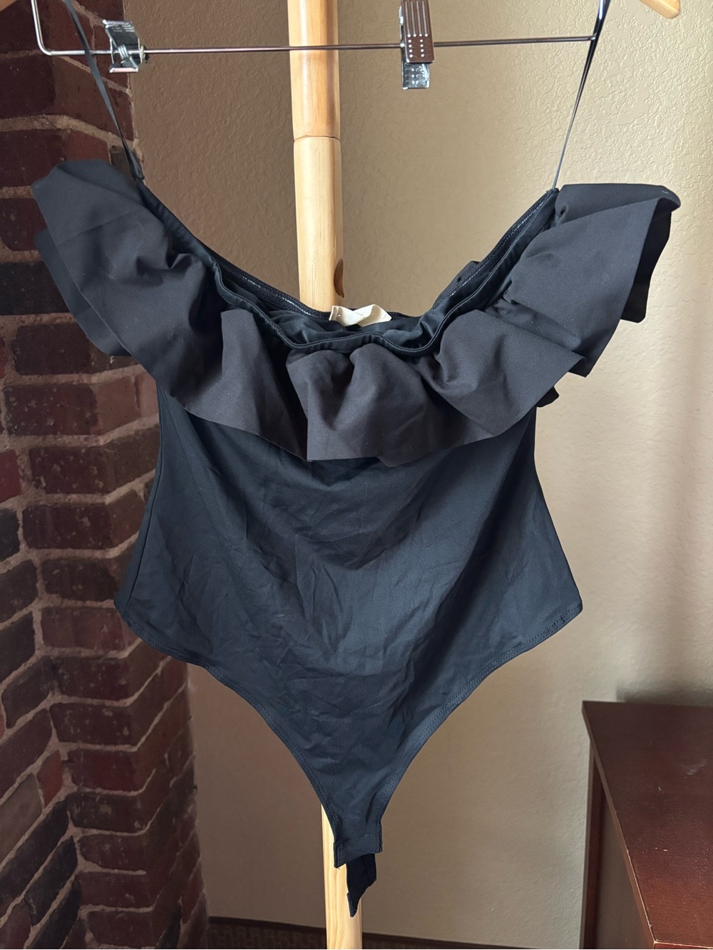 Altar'd State Black Ruffle Off-the-Shoulder Bodysuit Size S